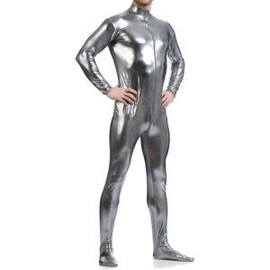 Unisex Grey Metallic Shiny Zentai Bodysuit Hoodless Adult Costume